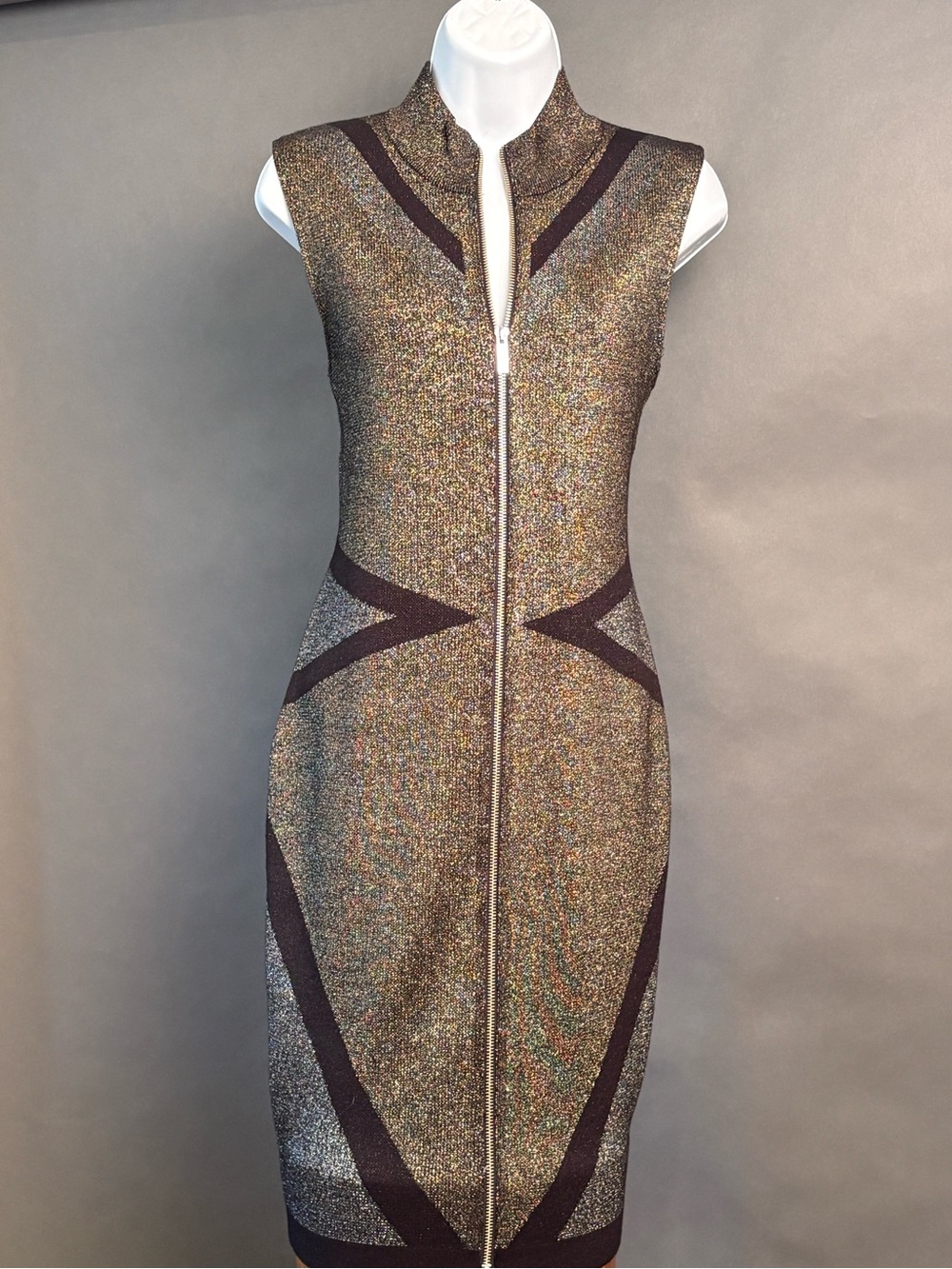 Karen Millen Geometric Metallic Knit Bodycon Dress Size L | Gold Black Zip Front